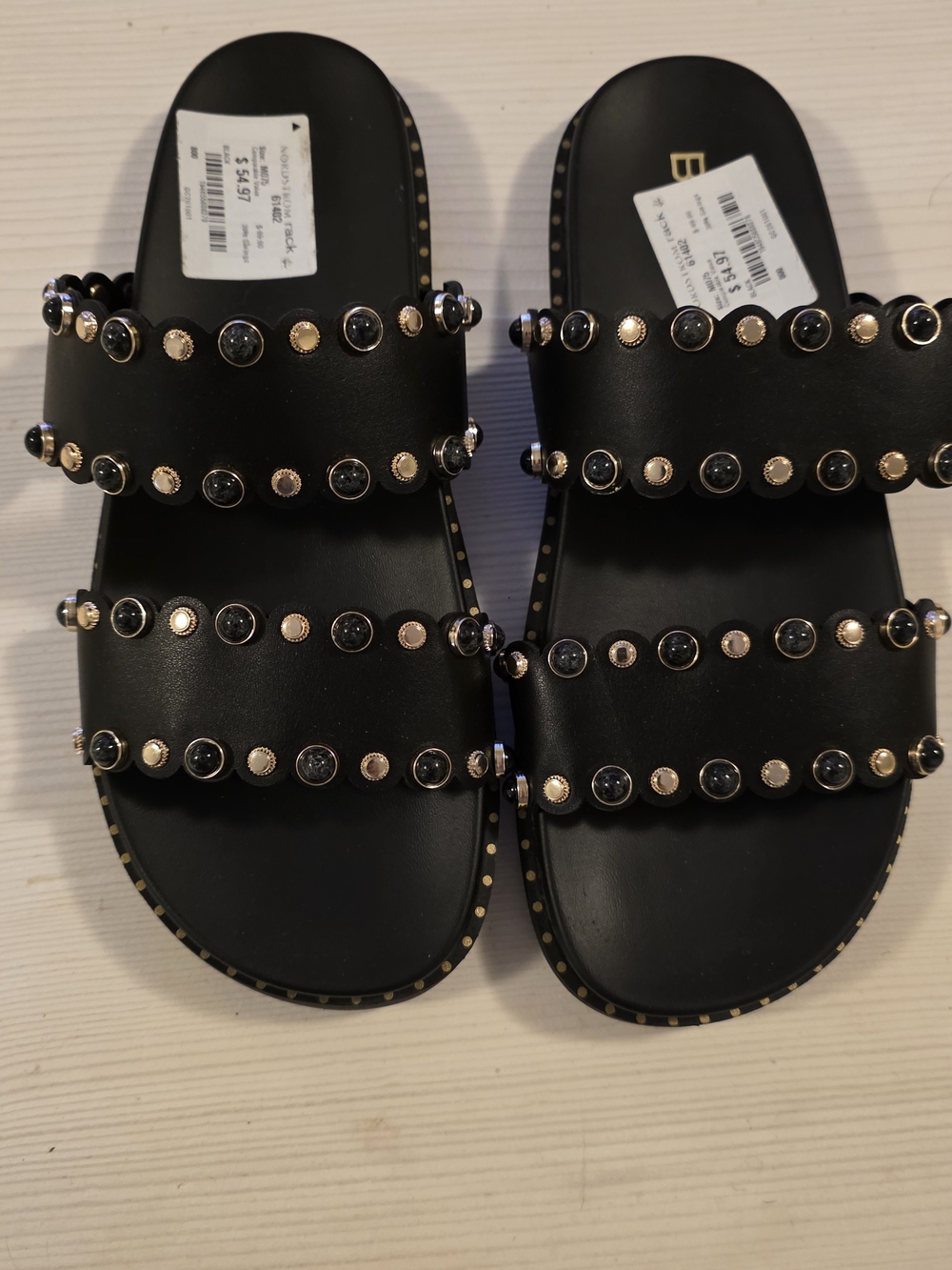 BCBG NWOB Black & Gold Studded Double-Strap Slide Sandals Size 7.5